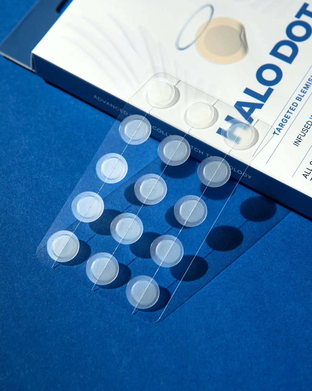 Close-up of Halo Dot transparent patch sheet and original packaging